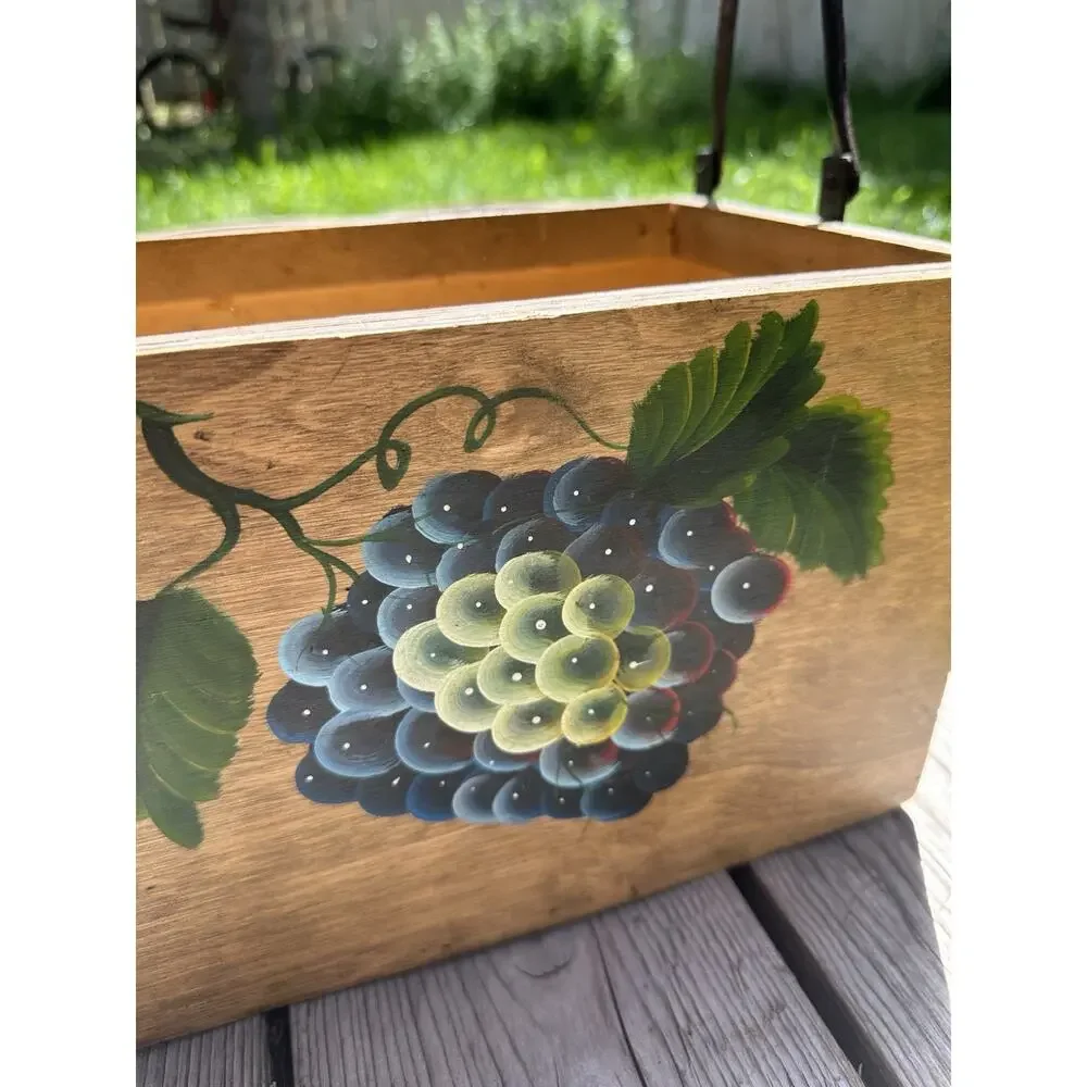 Vintage Wooden Picnic Basket With Cupholders Hand Painted Grapes Metal Handle